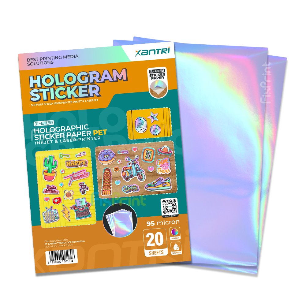 Kertas Stiker Xantri Hologram PET 95 Mic isi 20 lmbr, Holographic Sticker Paper Waterproof Inkjet A4 95 Micron